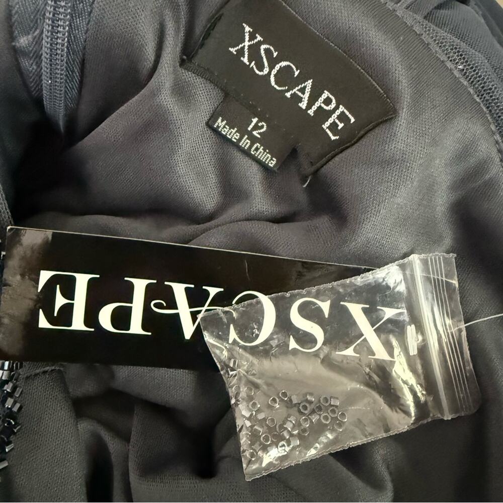 XSCAPE Beaded Illusion-Trim Side-Ruched Gown Charcoal Women’s NWT - Picture 10 of 14